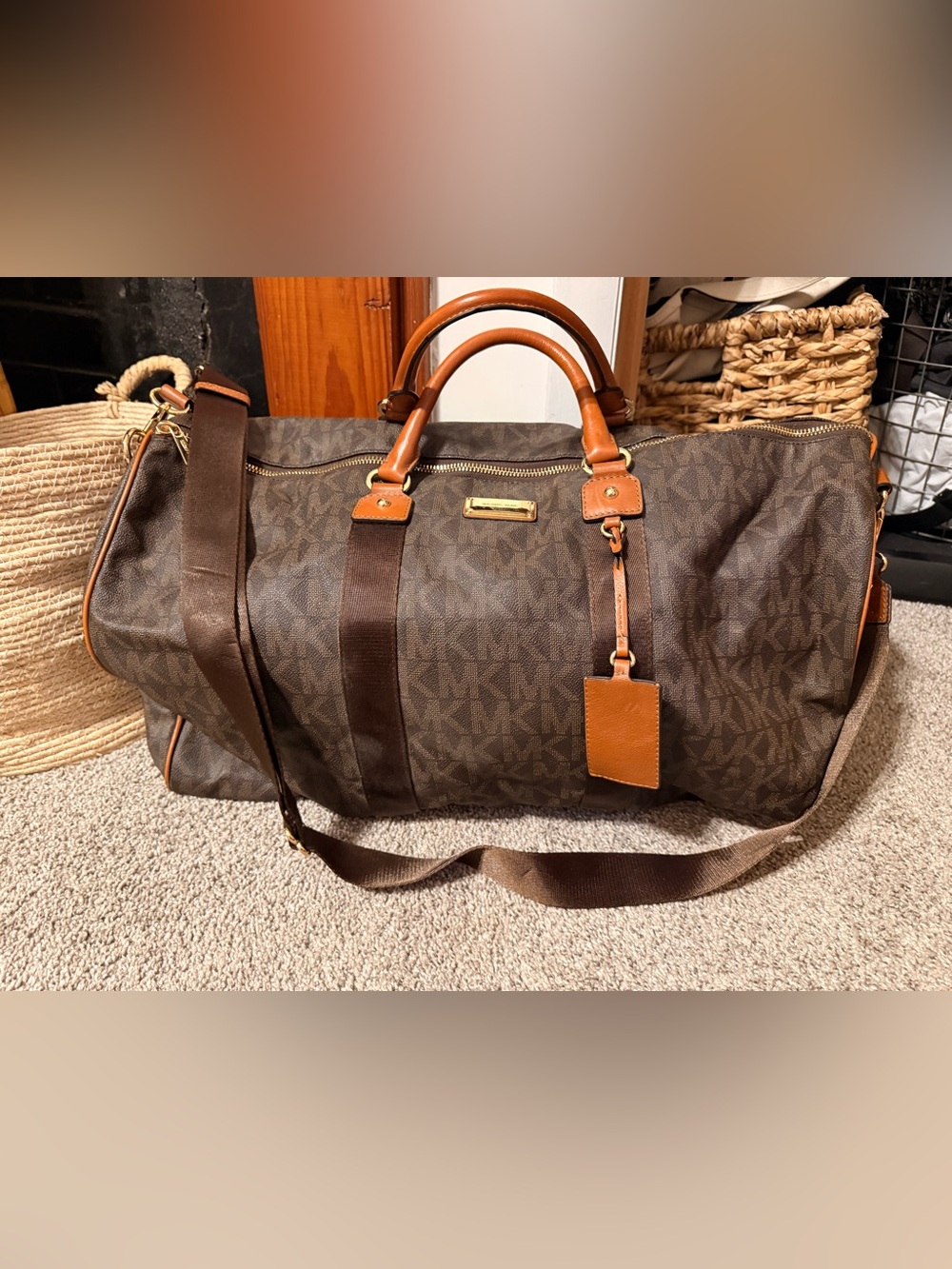 Michael Kors Brown Monogram Duffel with Tan Leather Trim